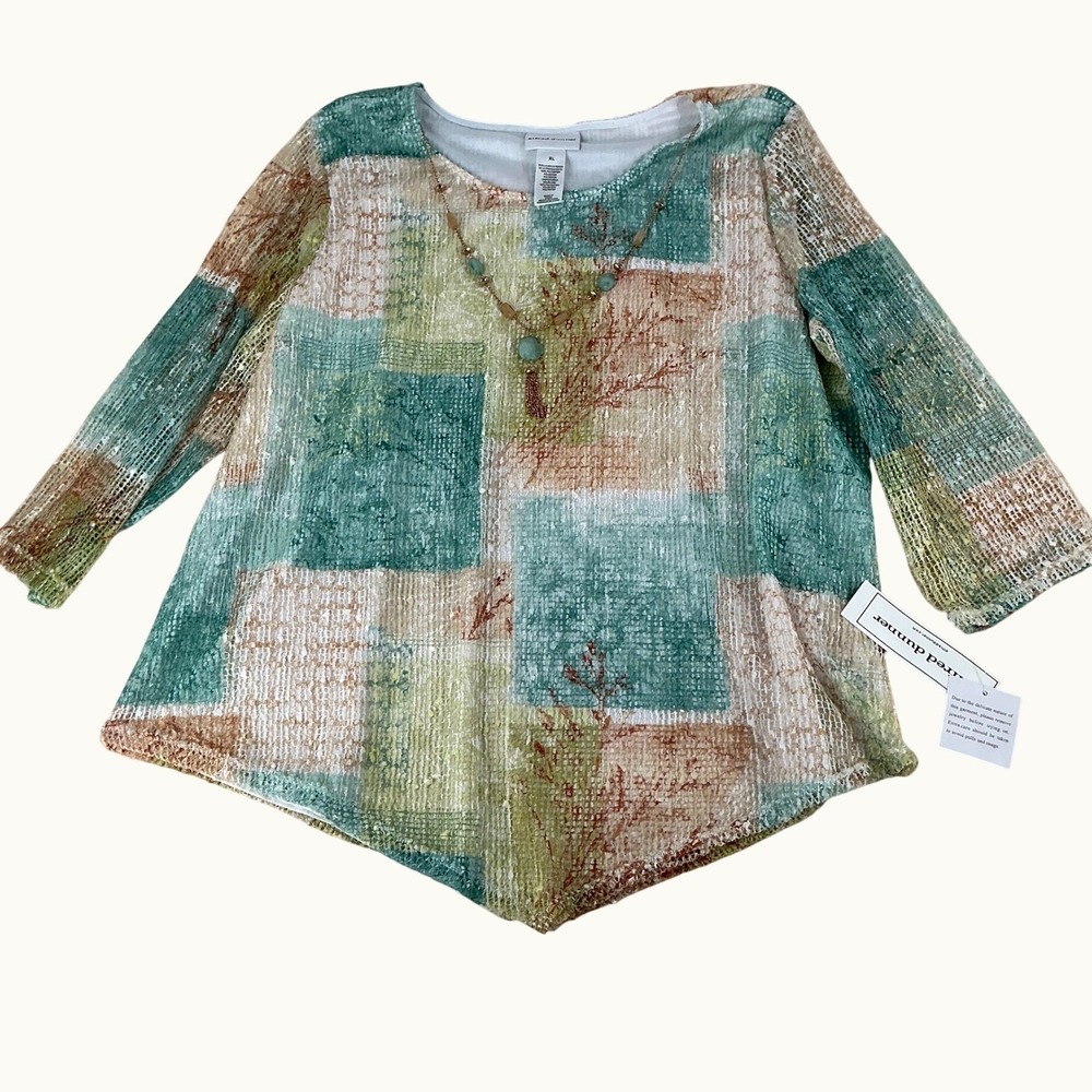 Alfred‎ Dunner Top Womens XL Green Patchwork Mesh Necklace Coastal Boho New